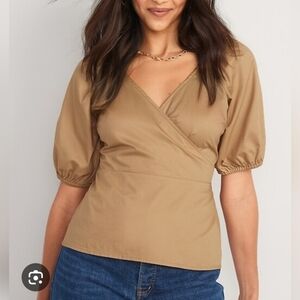 Old Navy Wrapping Paper Puff Sleeve Smocked Wrap Tie Blouse Size Medium Cotton